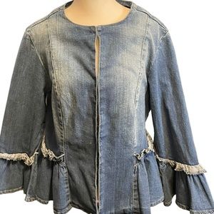 Live a Little Distressed Stretch Ruffle hem Denim Jacket. size L